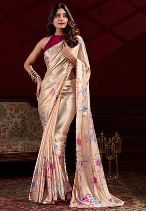Digital Printed Satin Silk Saree in Cream