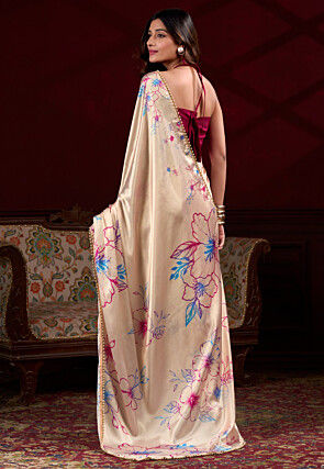 Digital Printed Satin Silk Saree in Cream