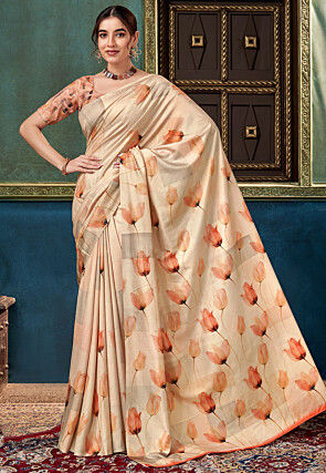 Digital Printed Satin Silk Saree in Cream