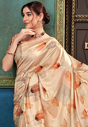 Digital Printed Satin Silk Saree in Cream