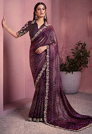 Digital Printed Satin Silk Saree in Dark Purple