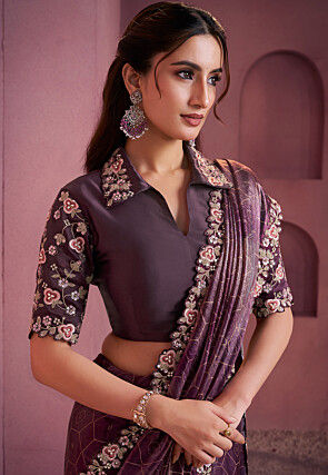 Digital Printed Satin Silk Saree in Dark Purple