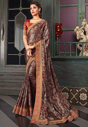 Digital Printed Satin Silk Saree in Grey