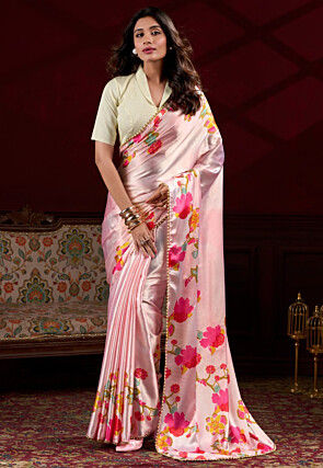 Digital Printed Satin Silk Saree in Light Pink