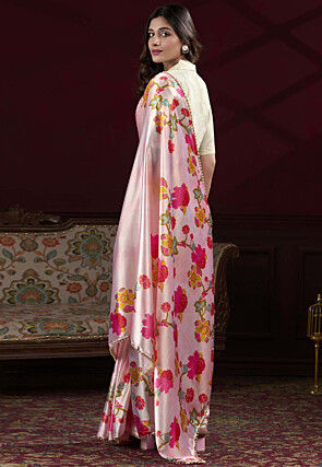 Digital Printed Satin Silk Saree in Light Pink