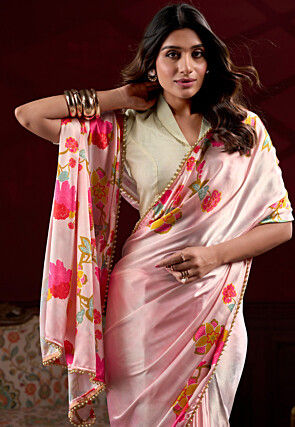 Digital Printed Satin Silk Saree in Light Pink