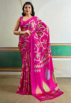 Digital Printed Satin Silk Saree in Magenta
