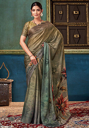 Digital Printed Satin Silk Saree in Multicolor