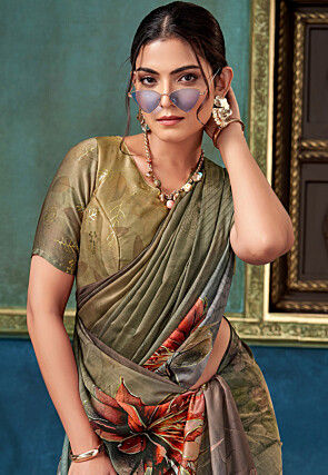 Digital Printed Satin Silk Saree in Multicolor