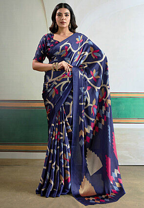 Digital Printed Satin Silk Saree in Navy Blue