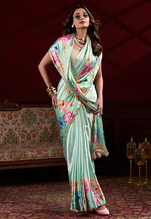 Digital Printed Satin Silk Saree in Pastel Green