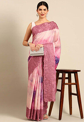 Digital Printed Satin Silk Saree in Pink