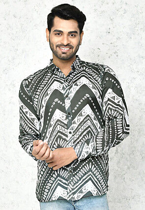 Digital Printed Satin Silk Shirt in Grey and White