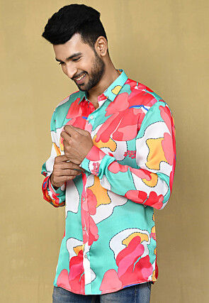 Digital Printed Satin Silk Shirt in Multicolor