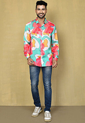 Digital Printed Satin Silk Shirt in Multicolor