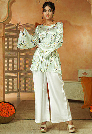 Digital Printed Satin Top Set in Pastel Green