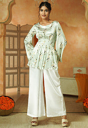 Digital Printed Satin Top Set in Pastel Green