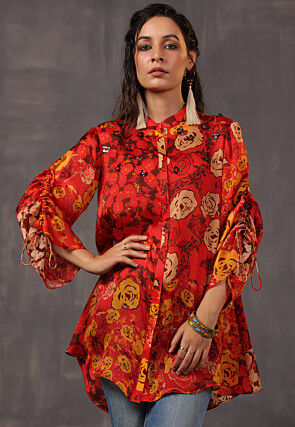 Digital Printed Satin Tunic in Red