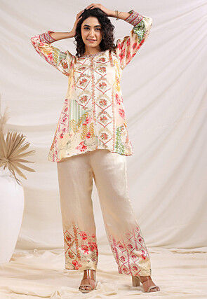 Digital Printed Satin Tunic Set in Cream