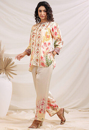 Digital Printed Satin Tunic Set in Cream