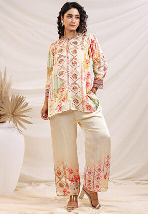 Digital Printed Satin Tunic Set in Cream