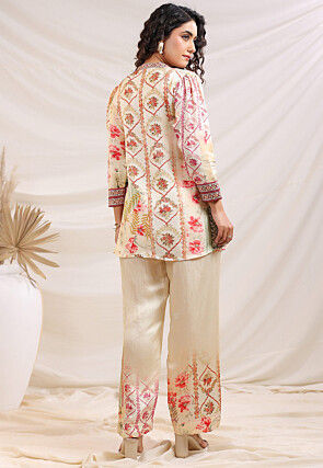 Digital Printed Satin Tunic Set in Cream