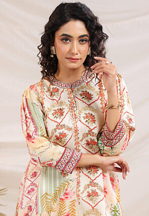Digital Printed Satin Tunic Set in Cream
