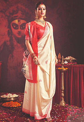 Digital Printed Silk Blend Saree in Off White