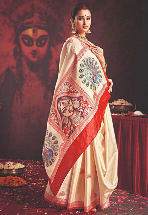 Digital Printed Silk Blend Saree in Off White