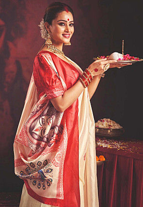 Digital Printed Silk Blend Saree in Off White