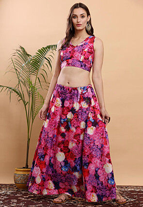 Digital Printed Art Silk Top Skirt Set in Fuchsia and Multicolor