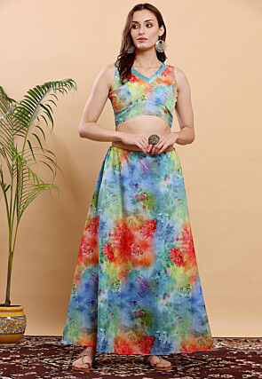 Digital Printed Art Silk Top Skirt Set in Sky Blue and Multicolor