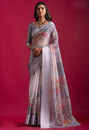 Digital Printed Super Net Saree in Light Grey