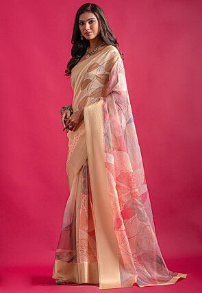 Digital Printed Super Net Saree in Light Yellow