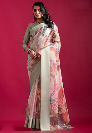 Digital Printed Super Net Saree in Multicolor