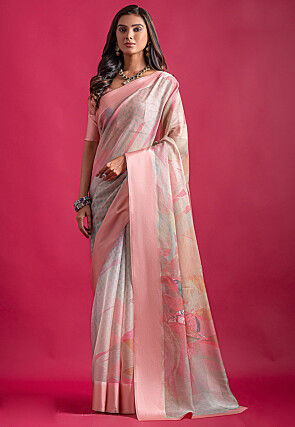 Digital Printed Super Net Saree in Pink and White