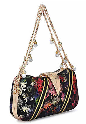 Digital Printed Synthetic Rectangular Clutch Bag in Black