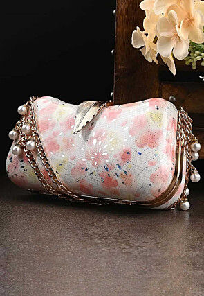 Digital Printed Synthetic Rectangular Clutch Bag in Off White