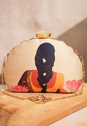 Digital Printed Synthetic Scalloped Clutch Bag in Cream