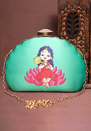 Digital Printed Synthetic Scalloped Clutch Bag in Light Teal Green