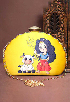 Digital Printed Synthetic Scalloped Clutch Bag in Yellow