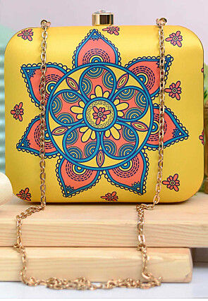 Digital Printed Synthetic Square Clutch Bag in Yellow