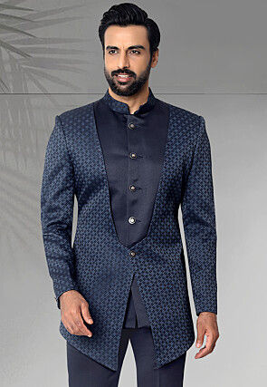 Digital Printed Terry Rayon Jodhpuri Jacket in Navy Blue