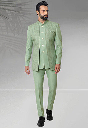 Digital Printed Terry Rayon Jodhpuri Suit in Dusty Green