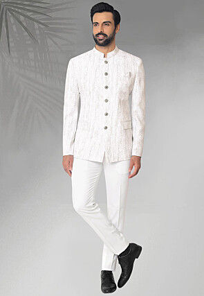 Digital Printed Terry Rayon Jodhpuri Suit in Off White
