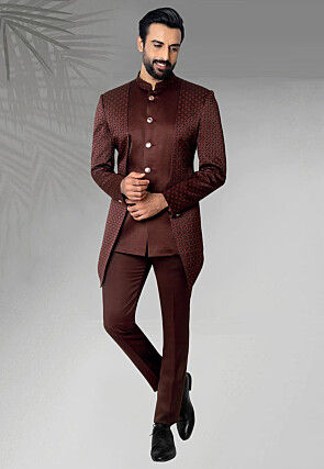 Digital Printed Terry Rayon Layered Jodhpuri Suit in Maroon