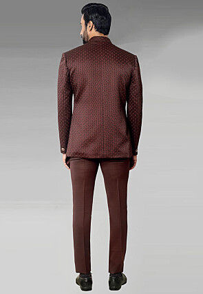 Digital Printed Terry Rayon Layered Jodhpuri Suit in Maroon