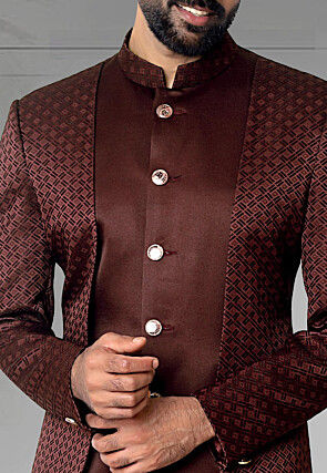 Digital Printed Terry Rayon Layered Jodhpuri Suit in Maroon
