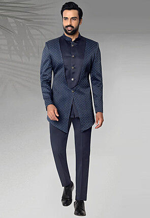Digital Printed Terry Rayon Layered Jodhpuri Suit in Navy Blue