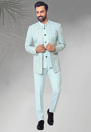 Digital Printed Terry Rayon Layered Jodhpuri Suit in Sky Blue